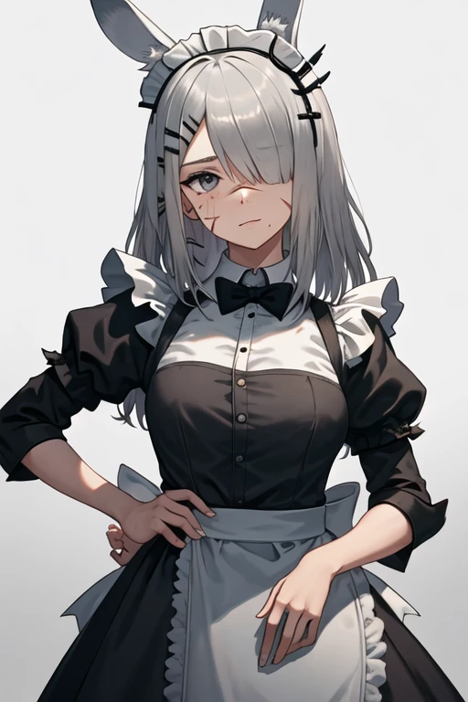 best quality, masterpiece, highres, solo, {maid:1.40}, {long maid dress:1.15}, {frostnova_arknights:1.15}, animal_ears, rabbit_ears, hair_ornament, hairclip, scar, long_hair, scar_on_face, scar_on_nose, hair_over_one_eye, grey_eyes, grey_hair, white_hair, upper_body
