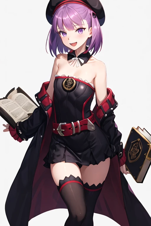 best quality, masterpiece, highres, solo, {helena_blavatsky_fgo:1.15}, purple_hair, short_hair, purple_eyes, blush, smile, bangs, hat, breasts, small_breasts, 1girl, bare_shoulders, detached_collar, off_shoulder, beret, black_headwear, dress, looking_at_viewer, black_dress, coat, open_clothes, strapless, long_sleeves, open_coat, black_coat, book, belt, open_mouth, short_dress, simple_background, thighhighs, thighs, white_background