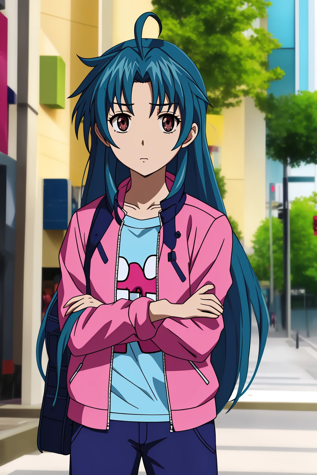 chidori, 1girl, long_hair, looking_at_viewer, skirt, shirt, long_sleeves, brown_eyes, blue_hair, collarbone, jacket, ahoge, open_clothes, solo_focus, pants, bag, open_jacket, crossed_arms, blue_shirt, pink_jacket