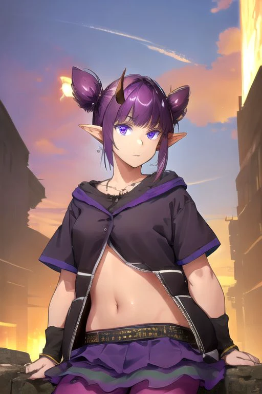 solo_focus, 1girl, (((masterpiece))), ((best quality)), ((ultra-detailed)), high resolution, absurdres, highres, ultra-detailed 8k unity wallpaper, 
lava_(arknights), twintails, tied_hair, black_jacket, short_sleeves, arm_warmers, torn_purple_skirt, purple_pantyhose,