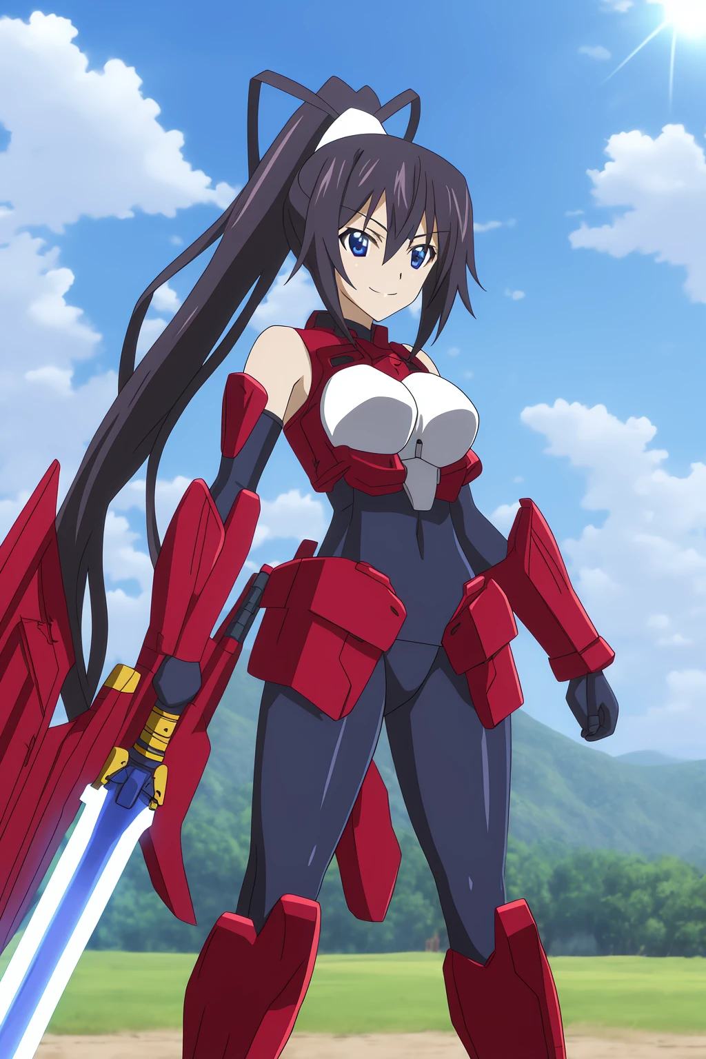 houki, 1girl, solo, long_hair, looking_at_viewer, smile, blue_eyes, black_hair, bare_shoulders, ponytail, weapon, sky, day, sword, cloud, armor, blue_sky, bodysuit, gauntlets, mecha_musume, energy_sword