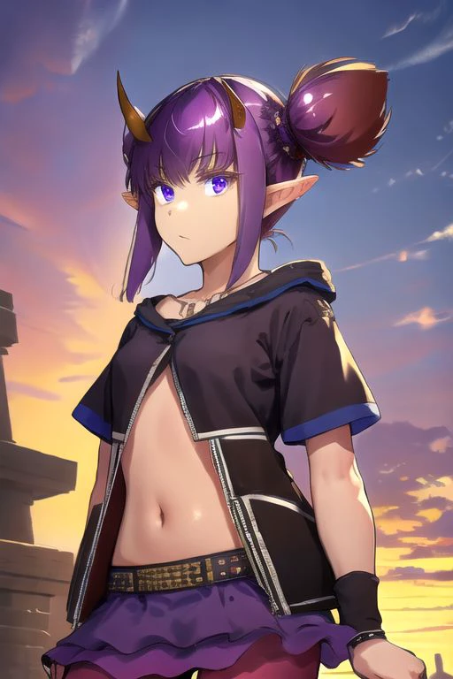 solo_focus, 1girl, (((masterpiece))), ((best quality)), ((ultra-detailed)), high resolution, absurdres, highres, ultra-detailed 8k unity wallpaper, 
lava_(arknights), twintails, tied_hair, black_jacket, short_sleeves, arm_warmers, torn_purple_skirt, purple_pantyhose,