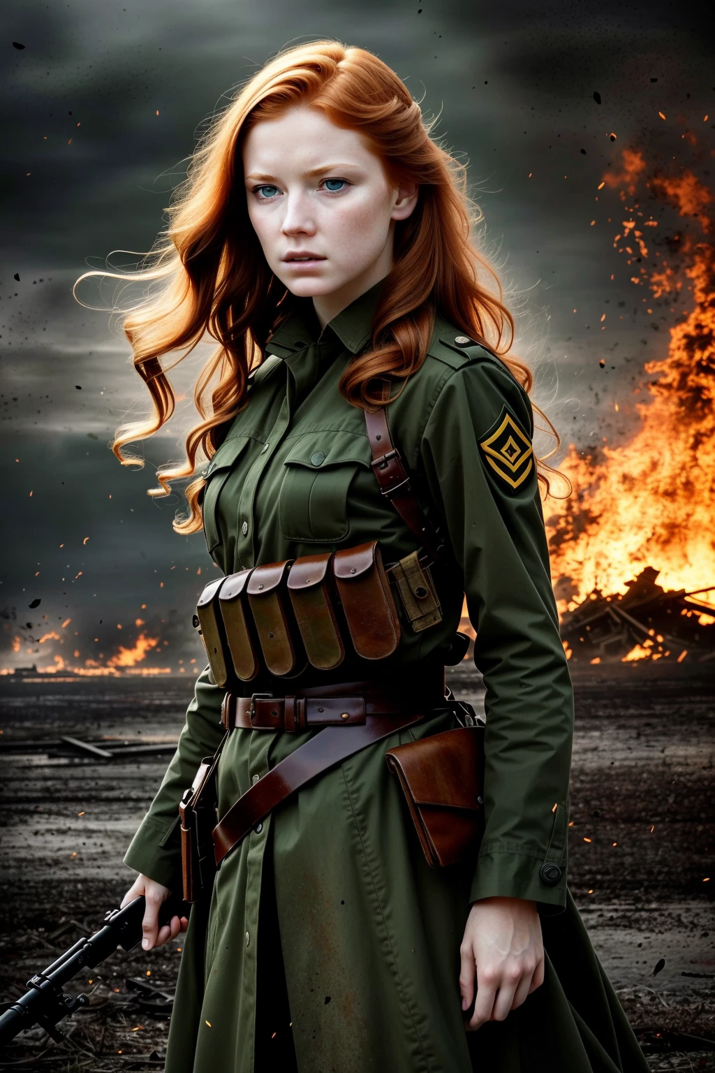 Generate a visually striking scene of the utmost quality and resolution, featuring a captivating redhead with mesmerizing green eyes as the central protagonist. Set her amidst the chaos of a wartime backdrop, capturing the intensity, emotions, and intricacies of the conflict in exceptional detail. This image should be a masterpiece that combines the enchanting beauty of the protagonist with the dramatic narrative of a war-torn world