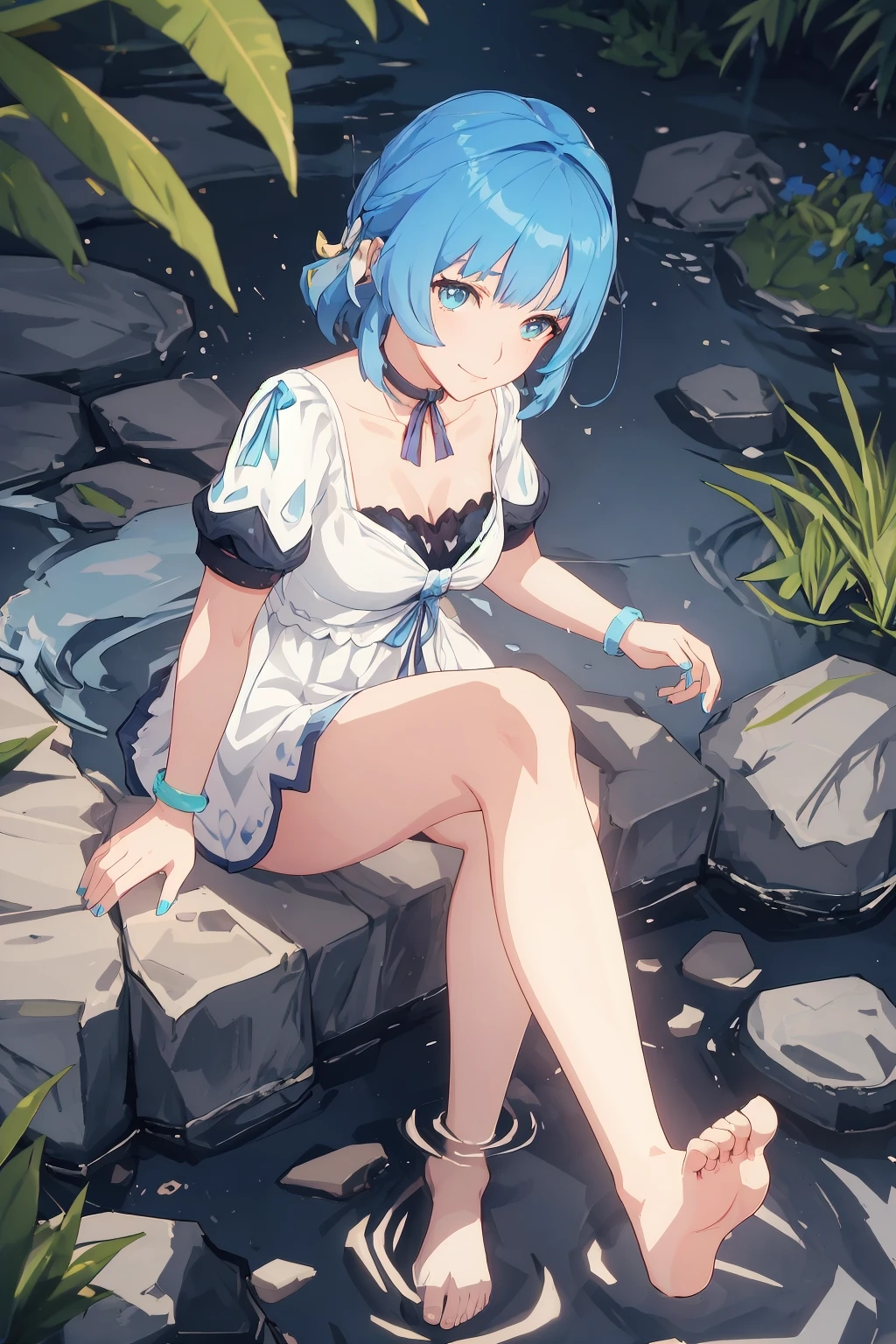 photo, masterpiece, best quality, wallpaper, 1girl, short hair, sky blue hair, sky blue eyes, hair accessories, sundress, river, nsfw,