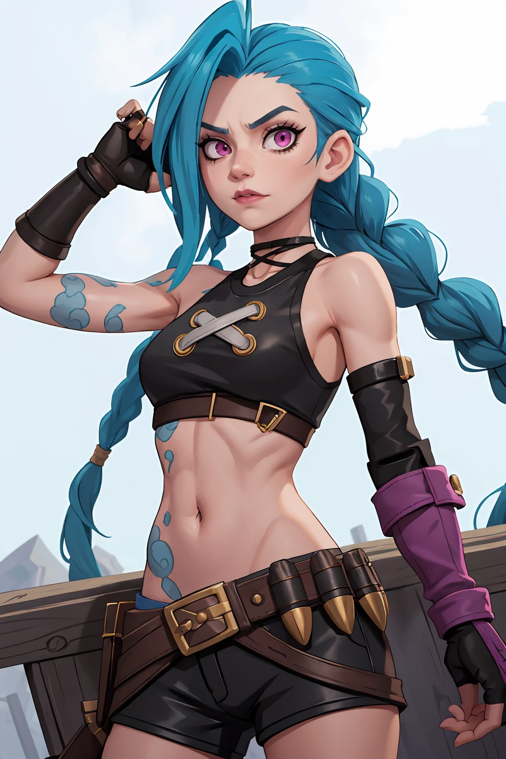 JinxLol,mature female,1girl, solo,looking at viewer, navel, gloves, fingerless gloves, character name, midriff, bare shoulders, looking at viewer, gun, crop top, belt,outdoors,  <lora:JinxLol:1>