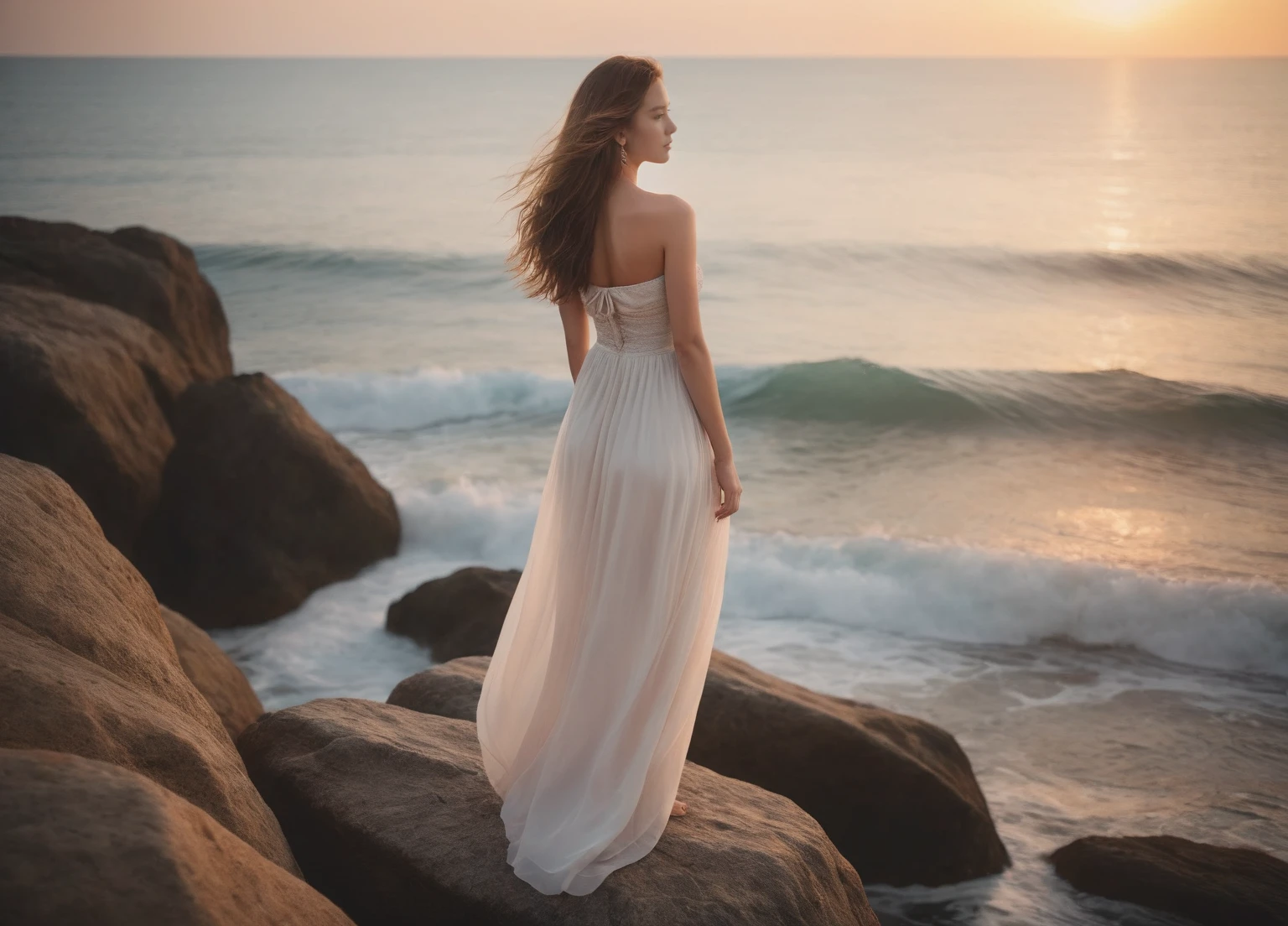 A girl, alone, in a dress, facing the ocean and the water, with long hair, in an outdoor environment. Wearing a strapless dress, she stood on the rocks in waves and bare shoulders. Her whole body bathed in the setting sun, long dress fluttering, beautiful image.