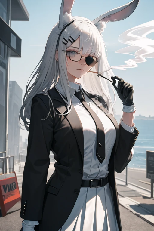 best quality, masterpiece, highres, solo, {black business suit:1.40}, {tie:1.20}, {sunglasses:1.25}, {white gloves:1.15}, {white shirt:1.10}, {black skirt:1.15}, {smoking:1.20}, handsome, {platinum_arknights:1.15}, animal_ears, long_hair, bangs, horse_ears, white_hair, animal_ear_fluff, yellow_eyes, upper_body, very_long_hair, brown_eyes