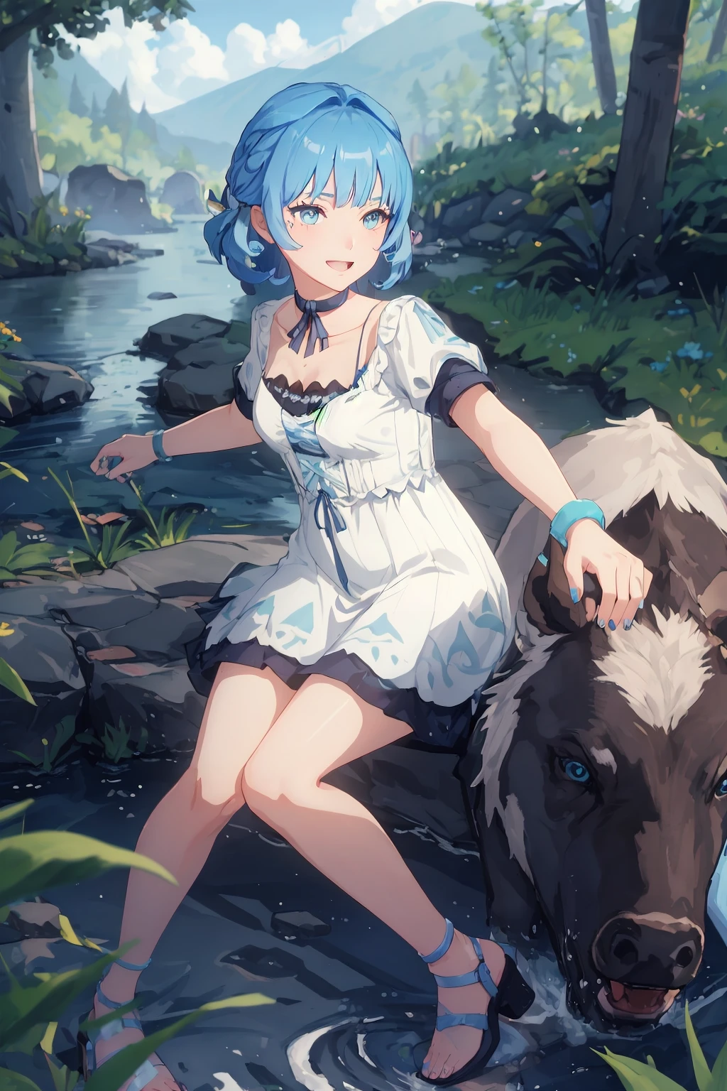 masterpiece, best quality, 1girl, solo, full body, <lora:Genshin_NPC_MaryAnn_v2-000095:0.8:lbw=MIDD>, shiny blue hair, shiny blue eyes, blue nails, blue toenail polish, bow, ribbon, jewelry, collarbone, choker, medium hair, puffy white sleeves, short sleeves, strappy heels, white dress, french braid, bracelet, hair intakes, sandals, white footwear, beautiful forest garden, grass, dirt path, antique mansion, outdoors, daytime, (riding a wild boar made of water:1), excited, arm raised, laughing, water elemental spirit boar,