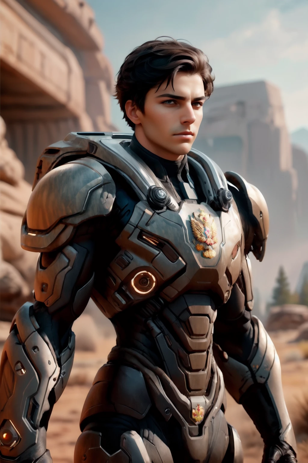 russian, solo, looking at viewer, short hair, black hair, 1boy, brown eyes, closed mouth, upper body, male focus, outdoors, armor, blurry, blurry background, realistic, power armor <lora:SpacesKnigts_2:0.8>