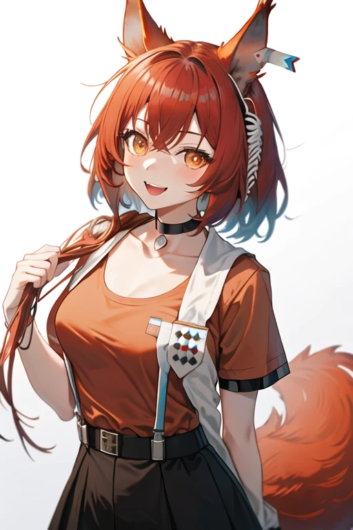 best quality, masterpiece, highres, solo, {flametail_arknights:1.15}, animal_ears, red_hair, squirrel_ears, long_hair, smile, bangs, squirrel_girl, brown_eyes, upper_body, tail, squirrel_tail, 1girl, black_choker, choker, head-mounted_display, looking_at_viewer, official_alternate_costume, orange_eyes, orange_shirt, shirt, short_sleeves, breasts, simple_background, white_background, hair_between_eyes, ;d, one_eye_closed