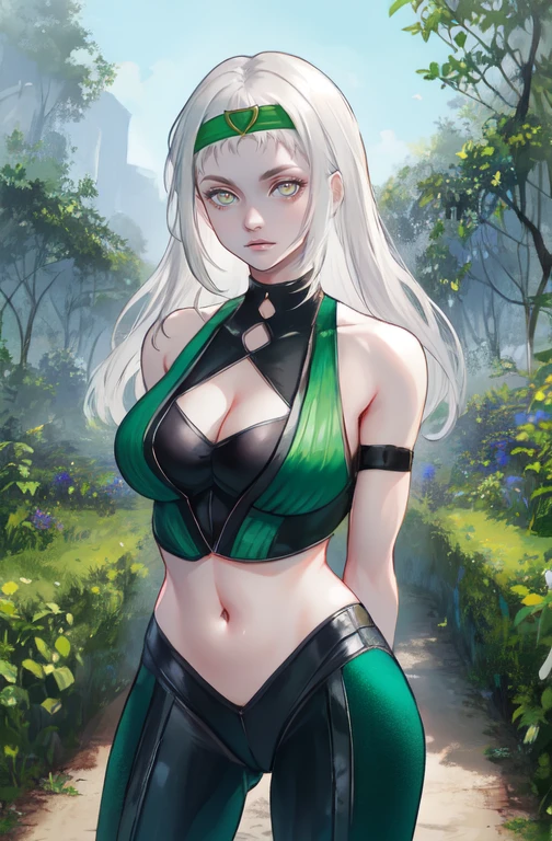 Kmeleon,white eyes, white hair,  white eyes,  long hair,   hair slicked back, 
green headband,   looking at viewer,  cleavage cutout,    hip vent,  cameltoe,  
green bodysuit, teeth,  navel, crop top,  
standing, arms behind back, 
garden, mortal kombat,  
(best quality, masterpiece, perfect face, beautiful and aesthetic:1.2, colorful, highest detailed face),solo, <lora:Khameleon:0.9>