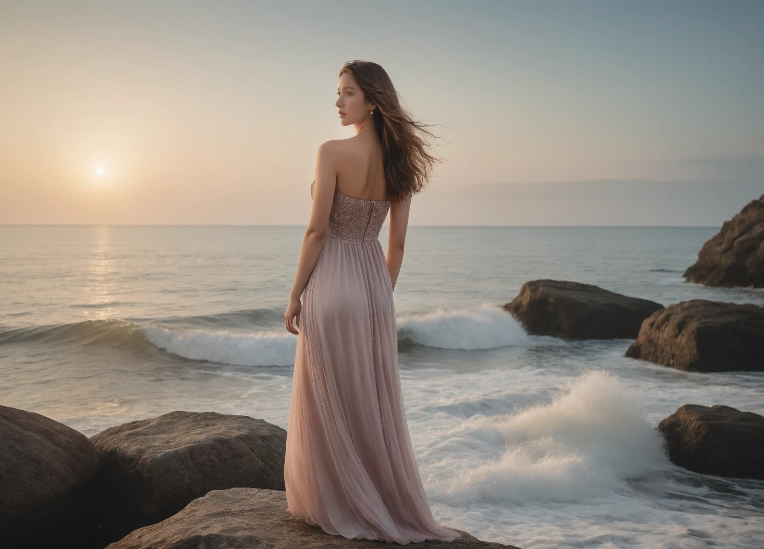 A girl, alone, in a dress, facing the ocean and the water, with long hair, in an outdoor environment. Wearing a strapless dress, she stood on the rocks in waves and bare shoulders. Her whole body bathed in the setting sun, long dress fluttering, beautiful image.