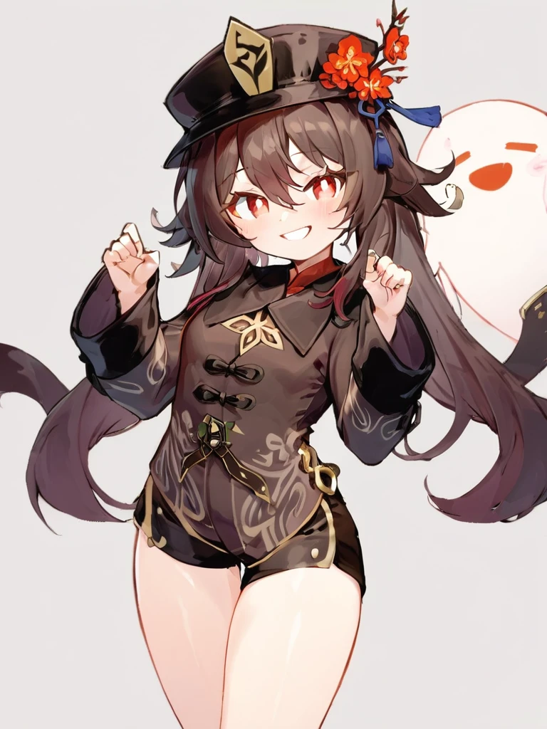 ultra-detailed,(best quality),((masterpiece)),(highres),original,extremely,<lora:hutaox_xl:1>,(\hu tao\),1girl,smile,shorts,looking at viewer,long sleeves,solo,simple background,thighs,short shorts,black shorts,grin,