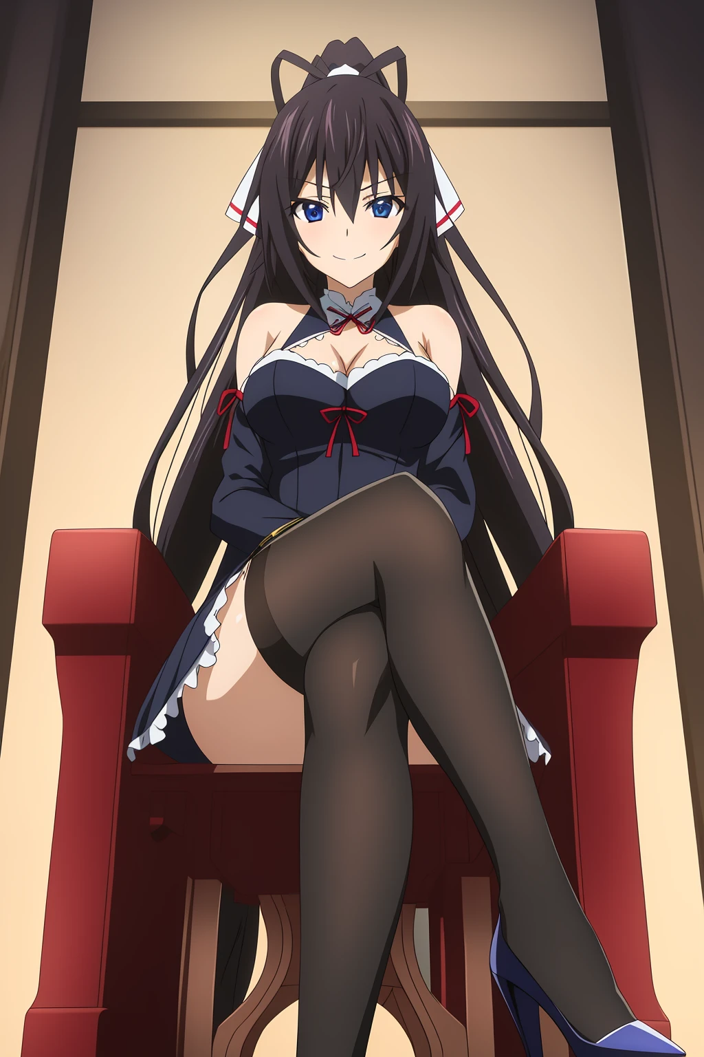 houki, 1girl, solo, long_hair, breasts, smirk, blue_eyes, indoor, black_hair, dress, ribbon, bare_shoulders, medium_breasts, very_long_hair, hair_ribbon, ponytail, black_dress, black_stockings, throne, sitting, crossed_legs, from_below, high_heels