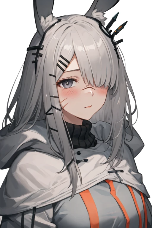 best quality, masterpiece, highres, solo, {frostnova_arknights:1.15}, animal_ears, rabbit_ears, hair_ornament, hairclip, scar, long_hair, scar_on_face, scar_on_nose, hair_over_one_eye, grey_eyes, grey_hair, white_hair, upper_body, 1girl, looking_at_viewer, simple_background, white_background, blush, animal_ear_fluff, closed_mouth, portrait