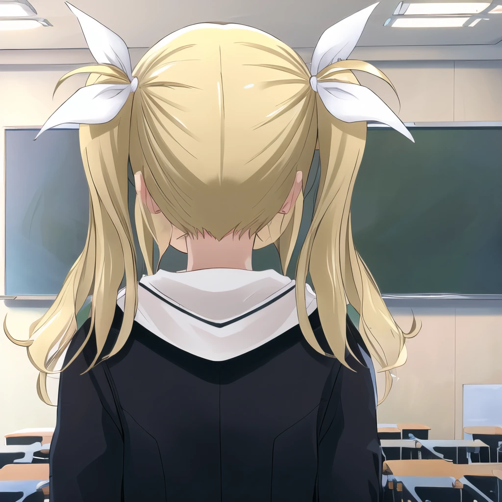 masterpiece, best quality, ultra-detailed, Arimura, blonde hair, blue eyes, hair ribbon, white ribbon, school uniform, view from behind