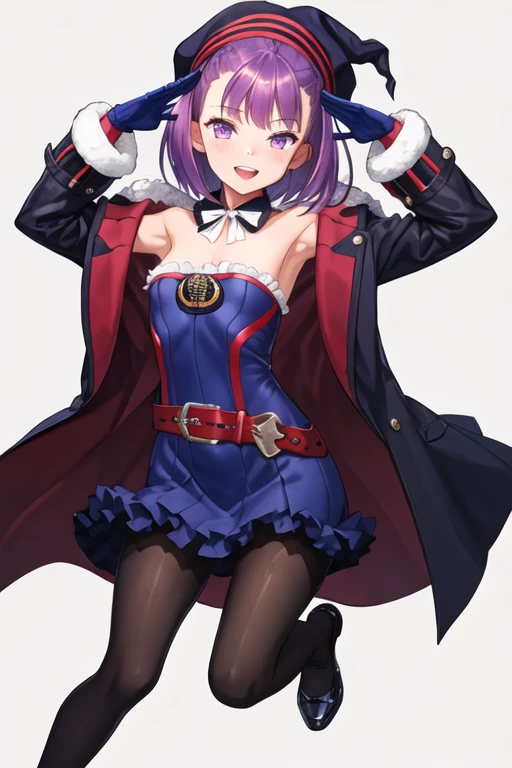 best quality, masterpiece, highres, solo, {helena_blavatsky_fgo:1.15}, purple_hair, short_hair, purple_eyes, blush, smile, bangs, hat, breasts, small_breasts, 1girl, blue_coat, blue_gloves, blue_headwear, bow, coat, fur-trimmed_coat, fur_trim, gloves, looking_at_viewer, open_mouth, red_bow, salute, long_sleeves, :d, ankh, badge, beanie, blue_dress, large_bow, open_coat, dress, fur-trimmed_dress, pantyhose, sweat, teeth