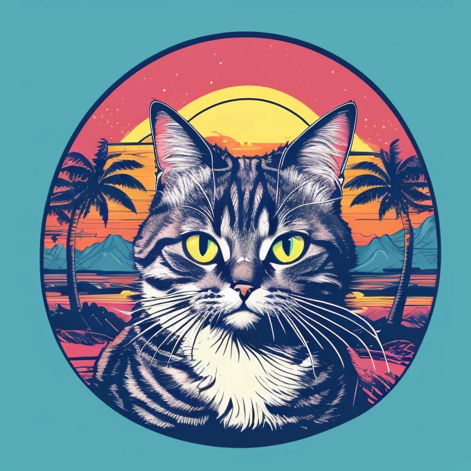 a digital vector art image of a Cat, Sunset Beach Landscape, Tropical Color Palette, centered shot, simple single color background, <lora:T-shirt_Design_v1-10:1>