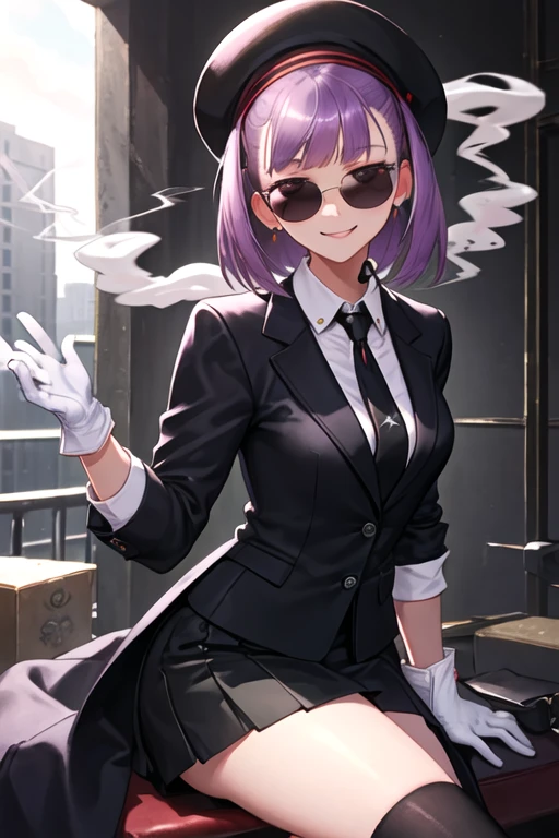 best quality, masterpiece, highres, solo, {black business suit:1.40}, {tie:1.20}, {sunglasses:1.25}, {white gloves:1.15}, {white shirt:1.10}, {black skirt:1.15}, {smoking:1.20}, handsome, {helena_blavatsky_fgo:1.15}, purple_hair, short_hair, purple_eyes, blush, smile, bangs, hat, breasts, small_breasts