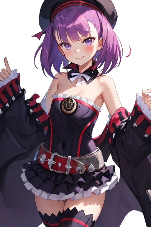 score_9,score_8_up,score_7_up,source anime, rating_safe,
uncensored,
1girl, <lora:Helena_XL:1>, 1girl, purple hair, short hair, purple eyes, flat chest, beret,
black dress, strapless, belt, black coat, open coat, bare shoulders, off shoulder, frills, (black thighhighs:1.2), black boots, (thighhighs:1.1),
solo,
looking at viewer,
indoors, hall, mansion, chandelier, foliage,
standing, contrapposto, (bent over:1.1),
hand on own hip,
hand in own hair, salute,
happy, eye focus, smile, open mouth,
one eye closed,
masterpeice, best quality, very aesthetic, absurdres,