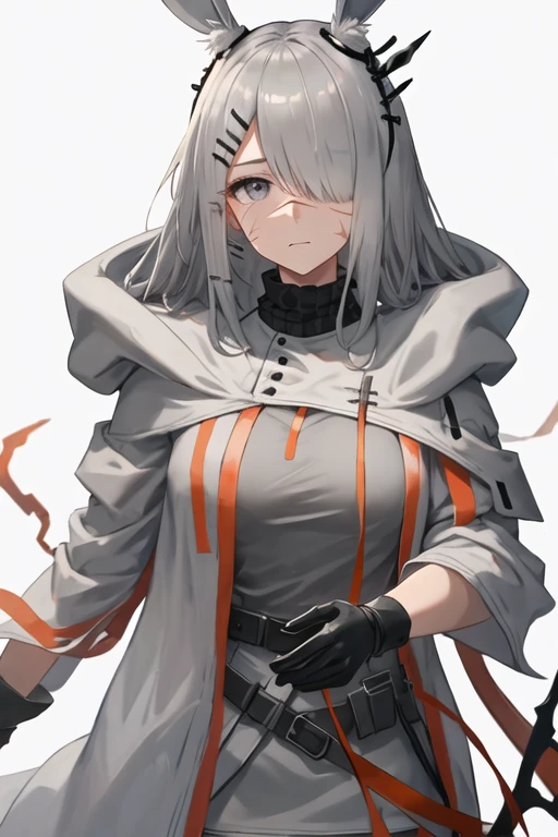 best quality, masterpiece, highres, solo, {frostnova_arknights:1.15}, animal_ears, rabbit_ears, hair_ornament, hairclip, scar, long_hair, scar_on_face, scar_on_nose, hair_over_one_eye, grey_eyes, grey_hair, white_hair, upper_body, 1girl, black_gloves, coat, cowboy_shot, gloves, grey_shirt, jacket, looking_at_viewer, open_clothes, shirt, white_coat, closed_mouth, simple_background, white_background, holding