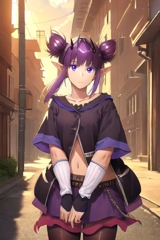 solo_focus, 1girl, (((masterpiece))), ((best quality)), ((ultra-detailed)), high resolution, absurdres, highres, ultra-detailed 8k unity wallpaper, 
lava_(arknights), twintails, tied_hair, black_jacket, short_sleeves, arm_warmers, torn_purple_skirt, purple_pantyhose,