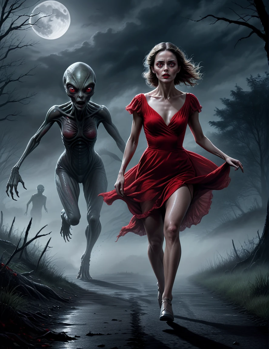 digital drawing, horror movie scene of a beautiful woman in a red dress being stalked in the dark by an alien, spooky, terrifying, dark ambiance, misty, 8k, high quality, gray alien in the background, intensity, woman looking behind her, running, moonlight