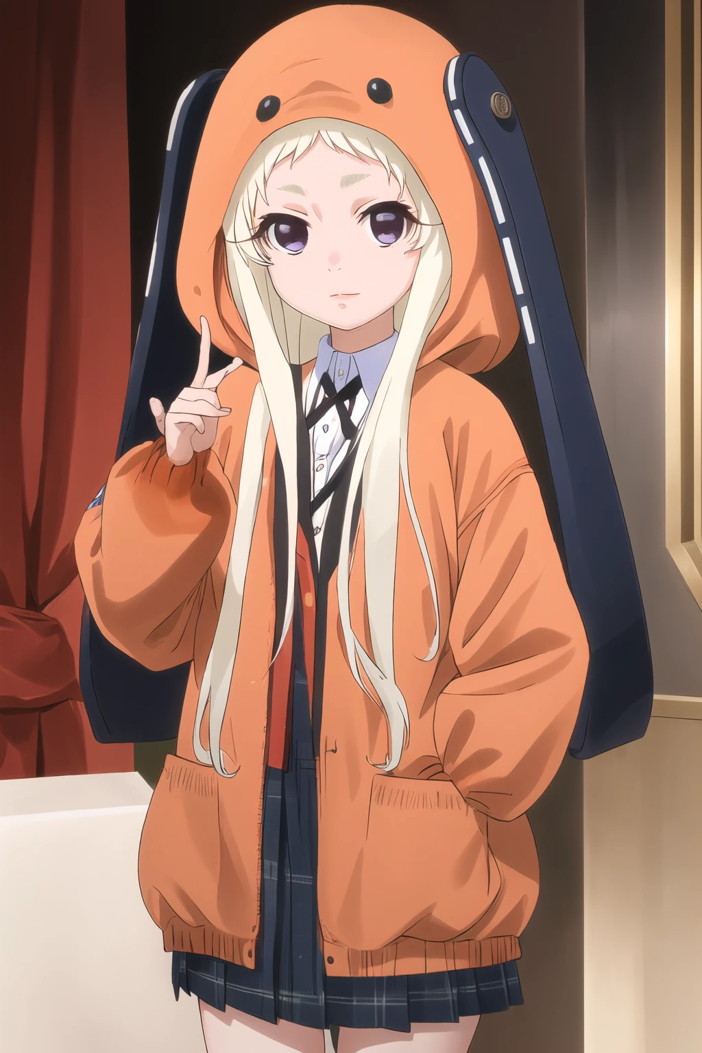 masterpiece, best quality, ultra-detailed, yomozuki runa, blonde hair, purple eyes, long hair, kigurumi, black animal ears, red school uniform,