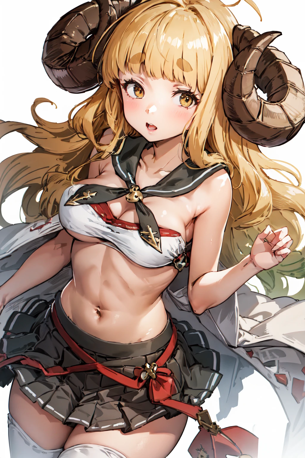 masterpiece, (detailed, highres, best quality), 1girl, <lora:gbfAnila-09:1> anilass, cleavage, sleevless, sailor collar, pleated skirt, white thighhighs, midriff, white background