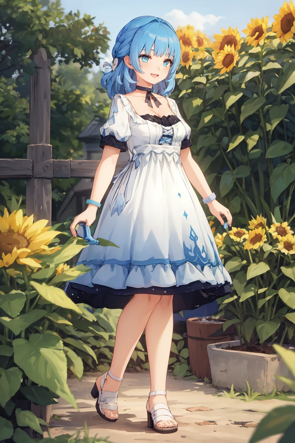 masterpiece, best quality, 1girl, solo, full body, <lora:Genshin_NPC_MaryAnn_v2-000095:0.8:lbw=MIDD>, (shiny blue hair, shiny blue eyes, blue nails, blue toenail polish, bow, ribbon, jewelry, collarbone, choker, medium hair, puffy short white sleeves, high-heels, white dress, open dress coat, blue skirt, french braid, bracelet, hair intakes, sandals, white footwear:1), beautiful forest garden, grass, dirt path, antique house, daytime, prancing, huge tall sunflowers, holding a large watering can, watering flowers, smiling, singing, open mouth,