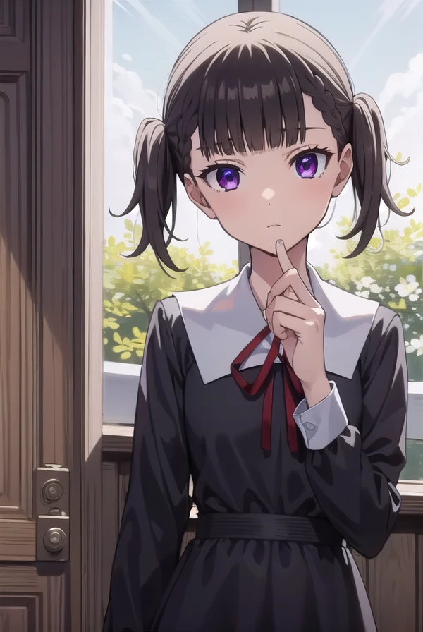 makishijou, <lora:makishijouv2-lora-nochekaiser:1>,
maki shijou, bangs, blunt bangs, (purple eyes:1.1), twintails, two side up, braid, short twintails,
BREAK long sleeves, dress, ribbon, school uniform, black dress, red ribbon, neck ribbon, collared dress, shuuchiin academy school uniform,
BREAK outdoors,
BREAK looking at viewer, (cowboy shot:1.5),
BREAK <lyco:GoodHands-beta2:1>, (masterpiece:1.2), best quality, high resolution, unity 8k wallpaper, (illustration:0.8), (beautiful detailed eyes:1.6), extremely detailed face, perfect lighting, extremely detailed CG, (perfect hands, perfect anatomy),