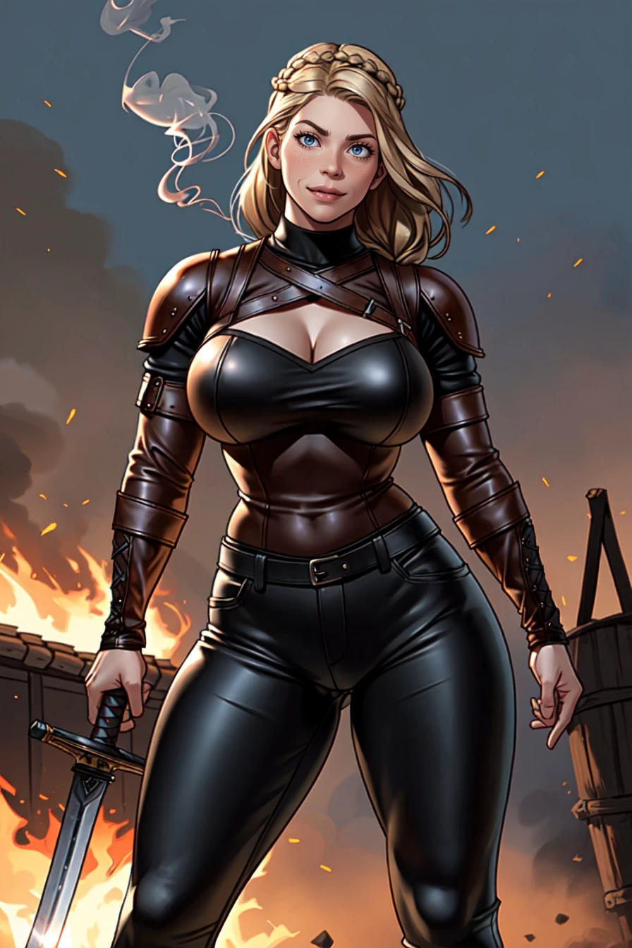 1girl, katheryn winnick, (viking:1.2), medieval, leather armor, holding sword, huge weapon, (muscular female:0.8), large breasts, braid, embers, village, smoke, standing, warrior, tall female, long legs, narrow waist, wide hips, thick thighs, taut clothes, leather pants, realistic, (photorealistic:1.1), (lineart:0.8), black_outline