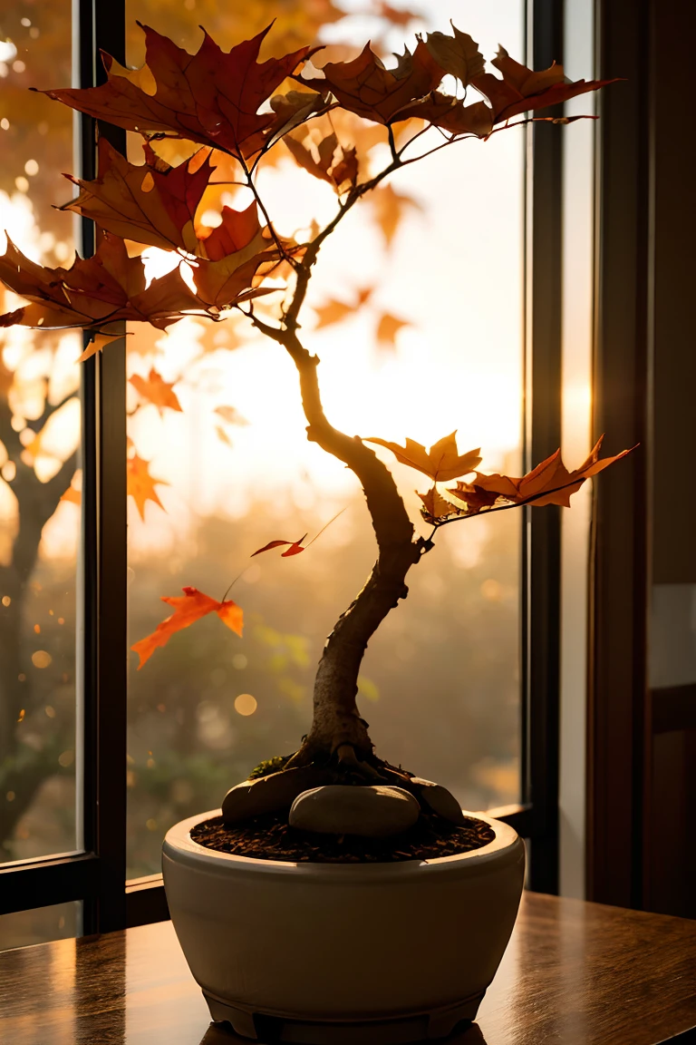 Colored leavesãTrees with autumn leavesãBeautiful autumn leaves,Ultra-exquisite details, intricate detailes, Cinematic, Hyper Real Soft Light, Sunset lighting, Diffuse Soft Light, Shallow depth of field, Sharp focus bokeh, Ray tracing, Subsurface scattering, Super Detail, (meticulous, Super refined) , Surreal realism, Bonsai on the windowsill, evening, Sunset, Bonsai illuminated by the setting sun, plant, potted plant, still-life, Autumn, Autumn leaves, stone garden, potted plant, Haze, masters , Award-Winning Works