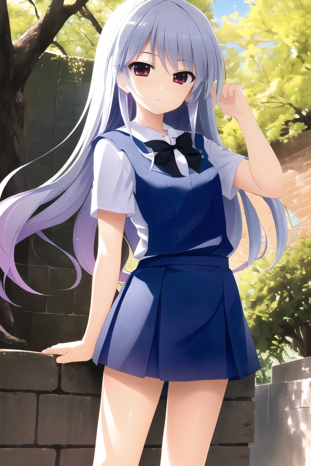 masterpiece, best quality, ultra-detailed, kazami kazuki, silver hair, long hair, purple eyes, school uniform