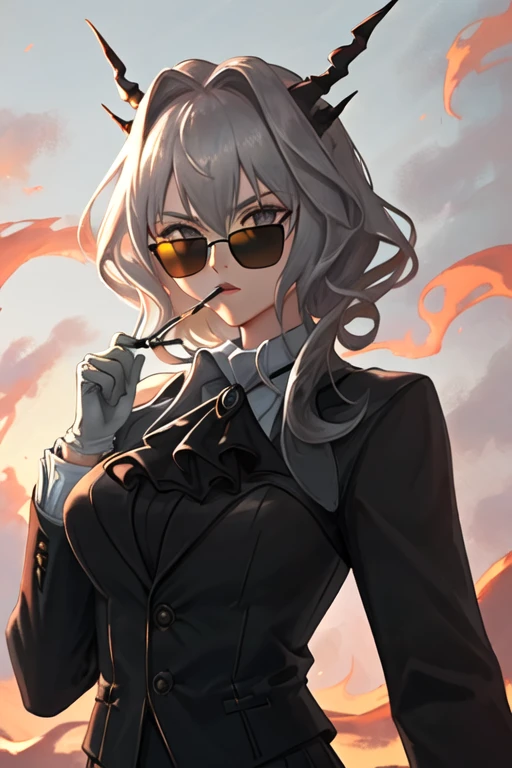 best quality, masterpiece, highres, solo, {black business suit:1.40}, {tie:1.20}, {sunglasses:1.25}, {white gloves:1.15}, {white shirt:1.10}, {black skirt:1.15}, {smoking:1.20}, handsome, {talulah_arknights:1.15}, horns, dragon_horns, grey_hair, hair_intakes, bangs, upper_body, ascot, black_ascot, hair_between_eyes, breasts, short_hair, grey_eyes