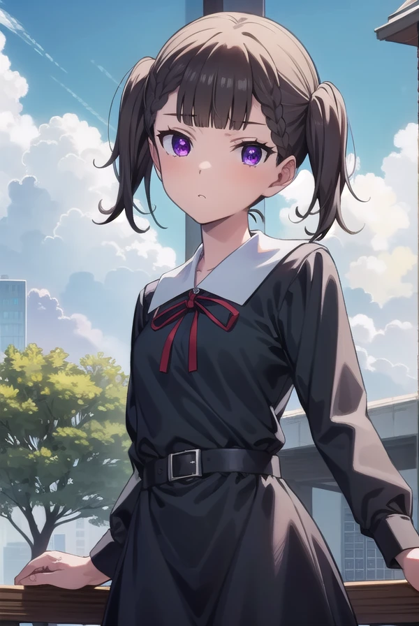 makishijou, <lora:makishijouv2-lora-nochekaiser:1>,
maki shijou, bangs, blunt bangs, (purple eyes:1.1), twintails, two side up, braid, short twintails,
BREAK long sleeves, dress, ribbon, school uniform, black dress, red ribbon, neck ribbon, collared dress, shuuchiin academy school uniform,
BREAK outdoors,
BREAK looking at viewer, (cowboy shot:1.5),
BREAK <lyco:GoodHands-beta2:1>, (masterpiece:1.2), best quality, high resolution, unity 8k wallpaper, (illustration:0.8), (beautiful detailed eyes:1.6), extremely detailed face, perfect lighting, extremely detailed CG, (perfect hands, perfect anatomy),