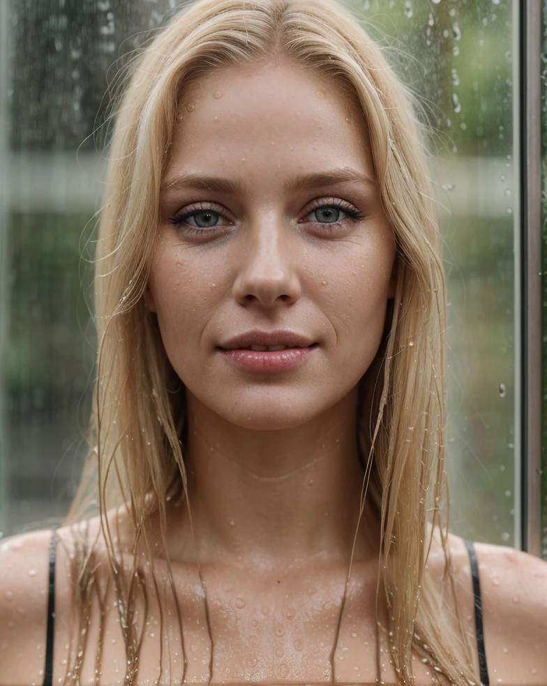 portrait of a blonde-haired girl,wet hair,night,rain,spray,wet misted window,cinematic,8k uhd,dslr,soft lighting,high quality,film grain,gloomy,naughty_face,teasing_smile,make up,eyeliner,lips,highly detailed skin,4K,RAW,best quality,masterpiece,ultra-detailed,hyperrealism,extremely detailed eyes,extremely detailed face,textured skin,photorealistic,hyperdetailed,insane details,