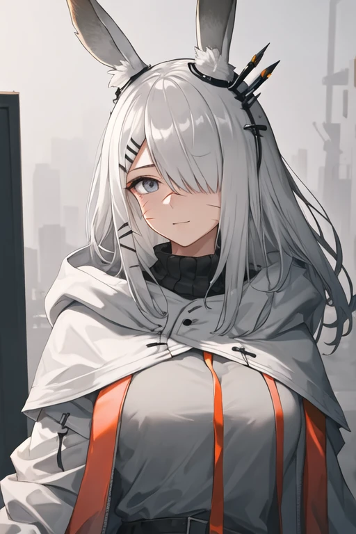 best quality, masterpiece, highres, solo, {frostnova_arknights:1.15}, animal_ears, rabbit_ears, hair_ornament, hairclip, scar, long_hair, scar_on_face, scar_on_nose, hair_over_one_eye, grey_eyes, grey_hair, white_hair, upper_body