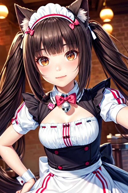 (masterpiece:1.2), (best quality), (ultra detailed), (8k, 4k, intricate),(half body:1.2),(cowboy:1.2),(highly detailed:1.2),(detailed face:1.2), (detailed background),(portrait),detailed landscape, (dynamic pose:1.2),<lora:more_details:0.5>, <lora:chocola:0.7>chocola 1girl, solo, long hair, looking at viewer, blush, bangs, brown hair, bow, animal ears, twintails, brown eyes, puffy sleeves, cat ears, blunt bangs, bowtie, character name, wrist cuffs, maid, maid headdress, bell, :3, slit pupils, jingle bell, name tag, waitress