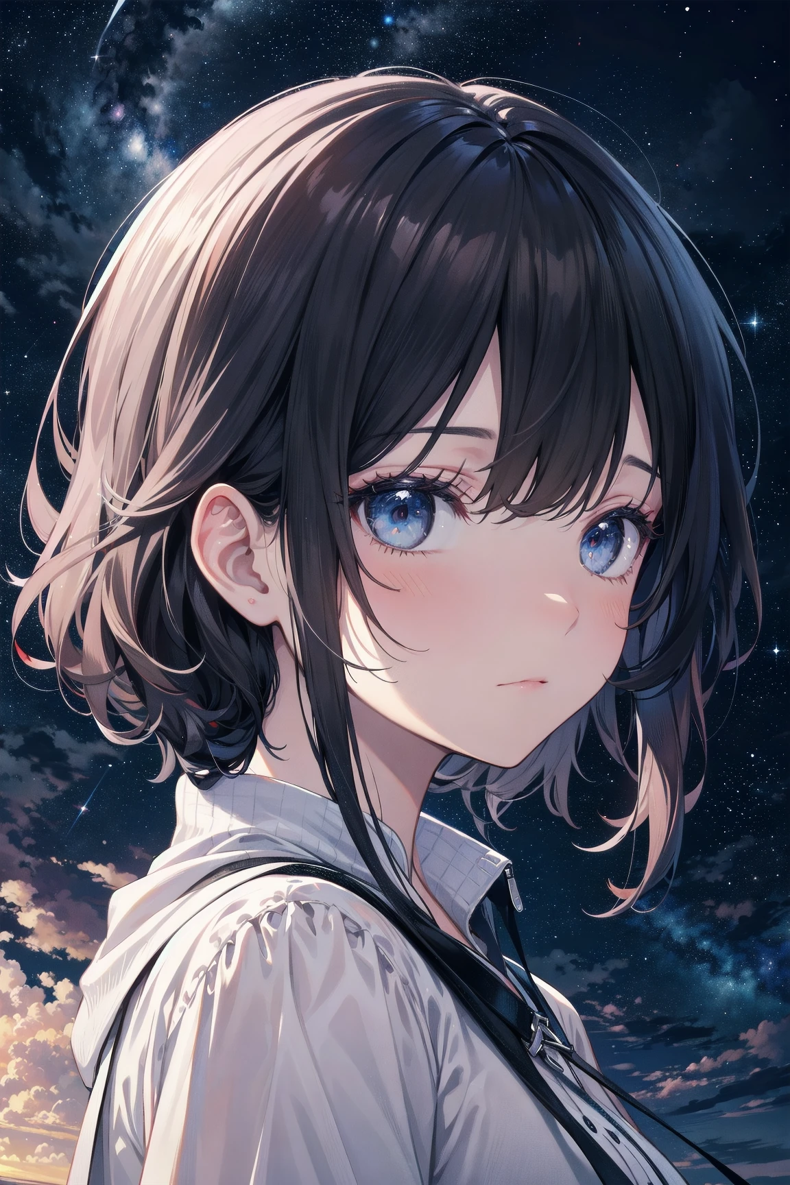 absurdres, highres, ultra detail, close view,
1girl, shining sky, vast world, gazing, awe-inspiring expression, distant horizon, clouds, high hill, natural beauty, inspiration, night sky, Shining Stars,