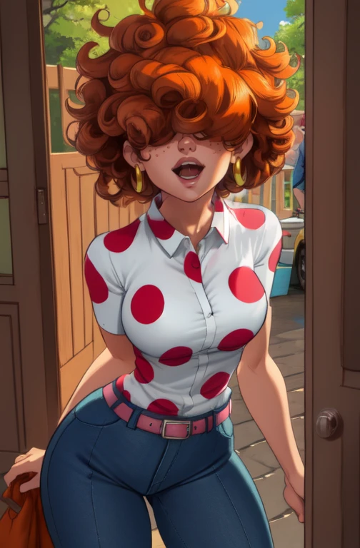 LeeK, curly orange hair, hair over eyes, 
standing,  solo, 
denim pants,  earrings, polka dot shirt, belt 
picket fence,morning     
(insanely detailed, beautiful detailed face, masterpiece, best quality) 
 <lora:LeeKanker-10v7:0.8>