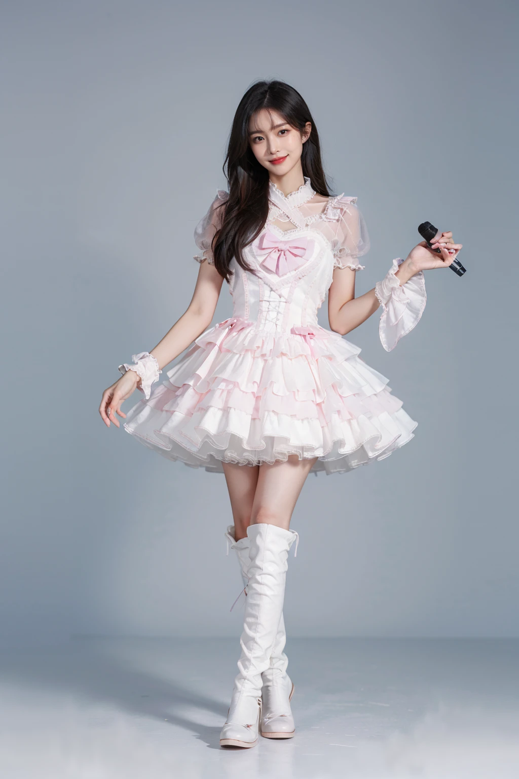 best quality, quality, masterpiece, photorealistic, 1girl, solo, long black hair, looking at viewer, smile, standing, holding microphone, full body, cyb dress, frills, see-through short sleeves, wrist cuffs, white knee boots, simple background, <lora:idol_costume_style6_v1:0.7>