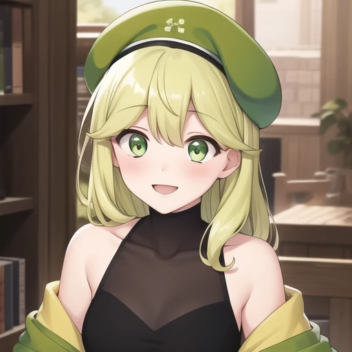 (masterpiece, best quality:1.2),illustration,8k,hd,absurdres,1girl,solo,upper body,(portrait:1.2),long_hair,breasts,blush,smile,bangs,green hair,hat,hair_between_eyes,bare_shoulders,green_eyes,collarbone,jacket,pleated_skirt,black_thighhighs,shoes,green_hair,sleeveless,off_shoulder,black_shirt,sleeveless_shirt,beret,green_jacket,green_headwear,<lora:Creeper-Bubble(remake):0.6>,