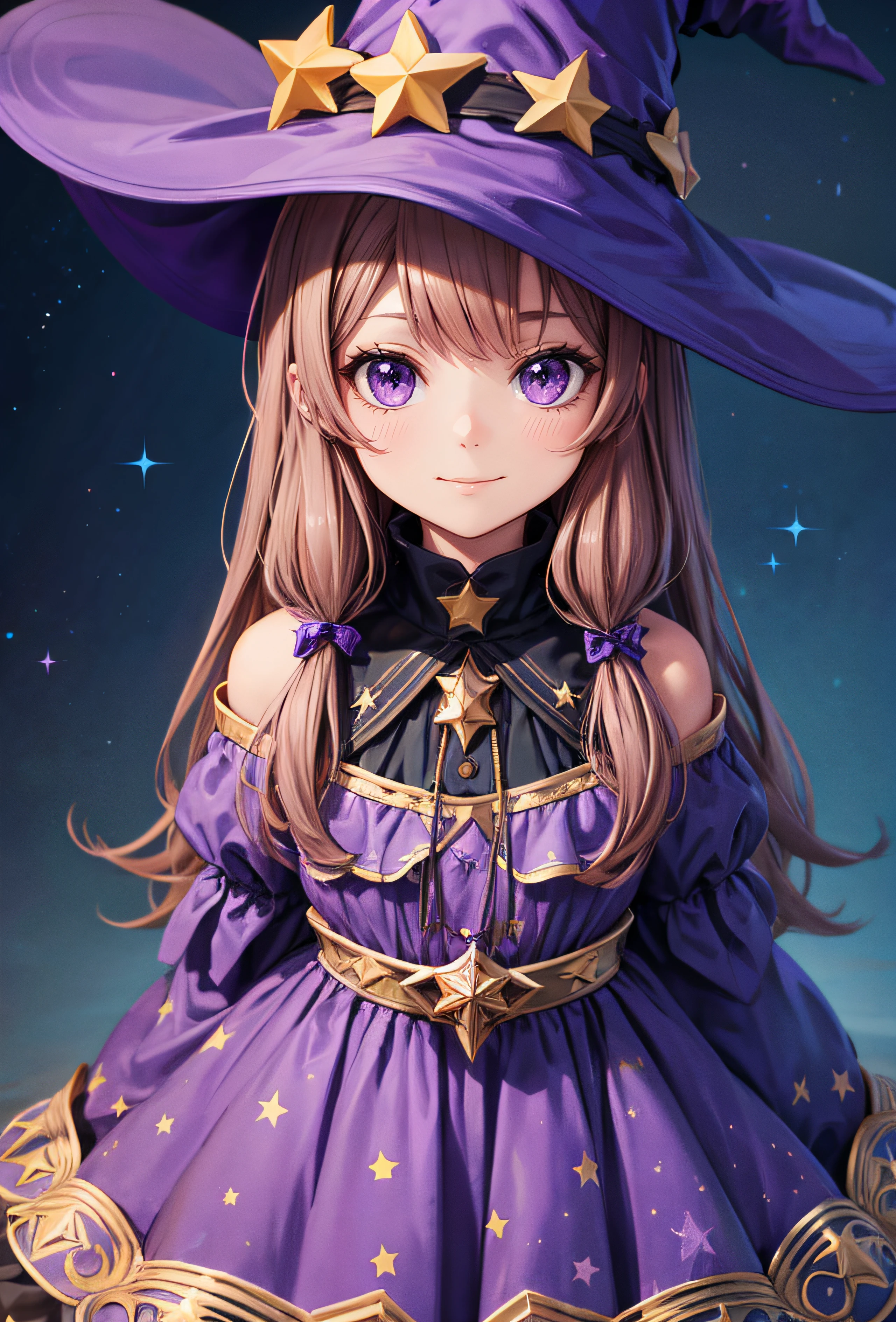 blue sky, cute, 1girl, upper body, happy, witch hat, purple hat, big hat, star print, witch, dress, (pink dress:0.7), star print dress, (light brown hair:1.1), (wavy hair, long hair:0.5), (pink capelet:0.6), (purple dress:0.5),, (masterpiece, best quality, hires, high quality, by professional artist, ultra detailed, extremely detailed, absurdres, incredibly resolution:1.2)