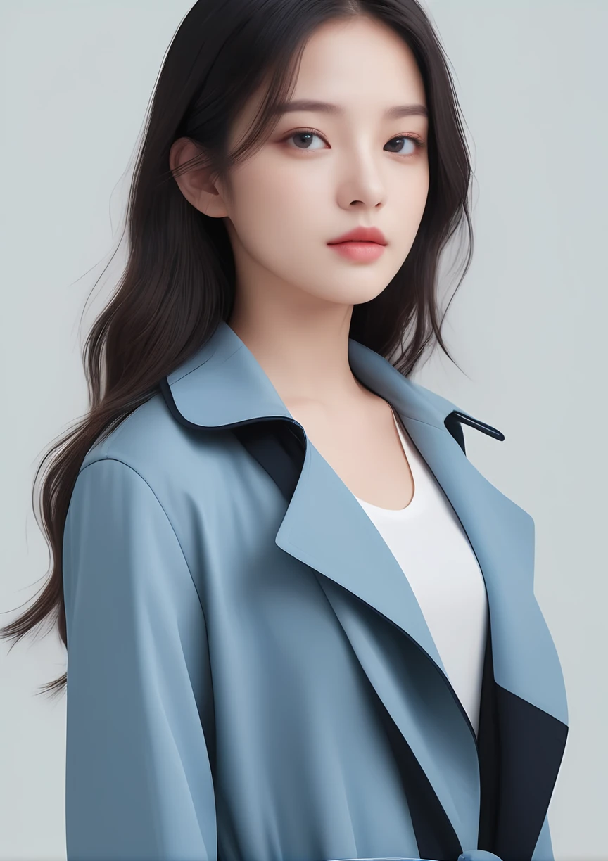 1 girl, wearing a long black and blue trench coat, the background is light blue color blocks, full body photo, facing the camera, beautiful face, photographic texture, movie texture, xm