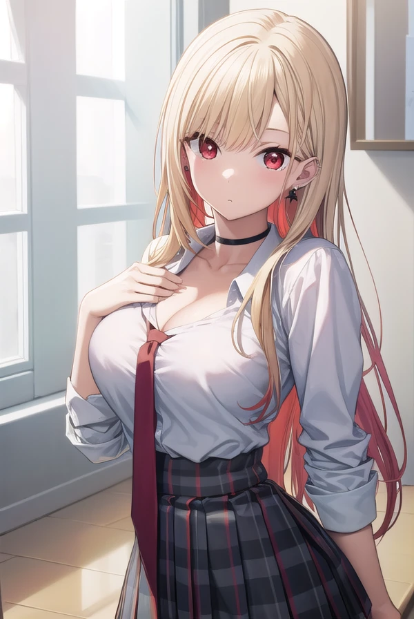 marinkitagawa, <lora:marinkitagawapopochichi-lora-nochekaiser:1>,
marin kitagawa popochichi, blonde hair, choker, ear piercing, earrings, long hair, piercing, (red eyes:1.5), straight hair, swept bangs, gradient hair,
BREAK black necktie, long sleeves, pleated skirt, school uniform, shirt, skirt, sleeves rolled up, white shirt, cleavage,
BREAK indoors, classroom,
BREAK looking at viewer, (cowboy shot:1.5),
BREAK <lyco:GoodHands-beta2:1>, (masterpiece:1.2), best quality, high resolution, unity 8k wallpaper, (illustration:0.8), (beautiful detailed eyes:1.6), extremely detailed face, perfect lighting, extremely detailed CG, (perfect hands, perfect anatomy),