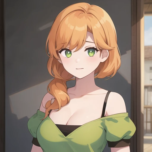 (masterpiece, best quality:1.2),illustration,8k,hd,absurdres,1girl,solo,upper body,(portrait:1.2),long_hair,bangs,cleavage,bare_shoulders,medium_breasts,green_eyes,collarbone,short_sleeves,off_shoulder,orange_hair,hair_over_shoulder,brown_skirt,green_shirt,off-shoulder_shirt,black thighhighs,brown footwear,<lora:Alex(remake):0.5>,