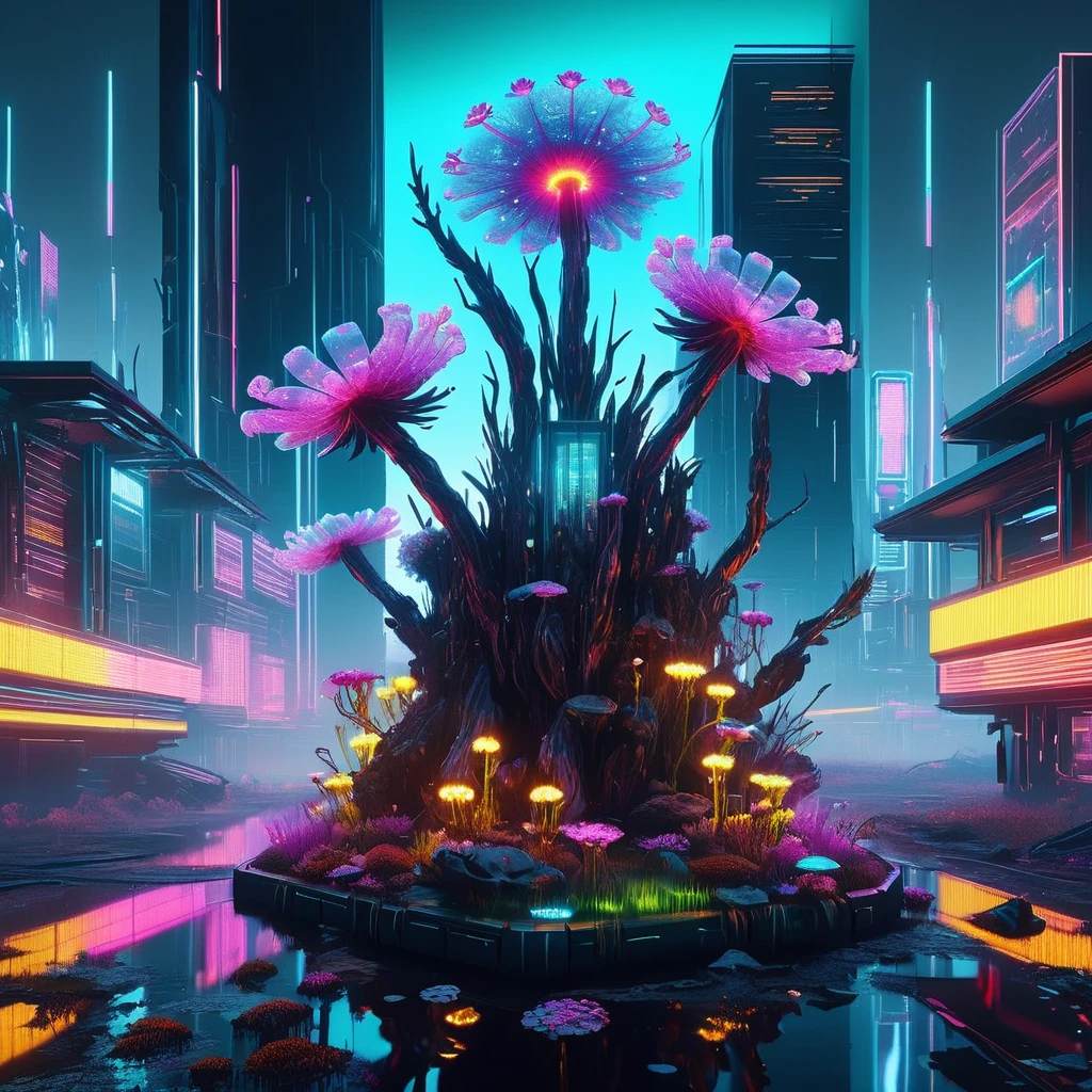 ((best quality)), ((masterpiece)), ((realistic,digital art)), (hyper detailed),cyberpukai holographic transparent cyberpunk  Dystopian Cityscape Bog Flowers,Dark Magic,Cypress Knees, octane rendering, raytracing, volumetric lighting, Backlit,Rim Lighting, 8K, HDR <lora:CyberPunkAI:0.8>