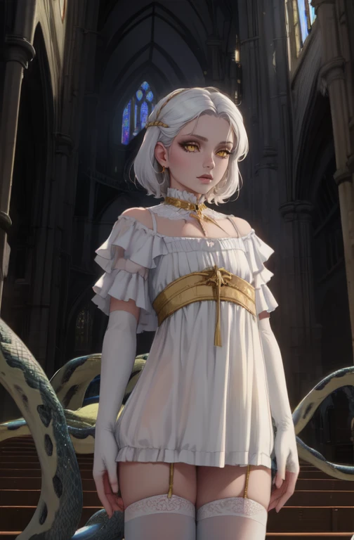 Gwyndolin,white hair,yellow eyes,otoko no ko,(flat chest:1.3),
gold jewelry,white elbow gloves,white dress,white thighhighs dress lift,see-through,
upper body, standing,
cathedral,indoors,night,moonlight,blue lighting,
(best quality, masterpiece, perfect face, beautiful and aesthetic:1.2, highest detailed face),
<lora:Gwyndolin-10v7:0.8>,