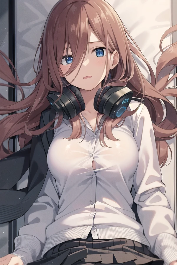 miku nakano, <lora:mikunakanochickeiii-lora-nochekaiser:1>,
miku nakano chicke iii, long hair, bangs, blue eyes, brown hair, hair between eyes, headphones, headphones around neck,
BREAK skirt, shirt, long sleeves, white shirt, pantyhose, pleated skirt, black pantyhose, cardigan, green skirt, blue cardigan,
BREAK indoors, classroom, school,
BREAK looking at viewer, (cowboy shot:1.5), (upper body:1.5),
BREAK <lyco:GoodHands-beta2:1>, (masterpiece:1.2), best quality, high resolution, unity 8k wallpaper, (illustration:0.8), (beautiful detailed eyes:1.6), extremely detailed face, perfect lighting, extremely detailed CG, (perfect hands, perfect anatomy),